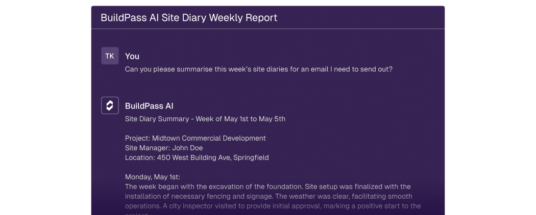 AI Site Diary Summary for Construction Sites