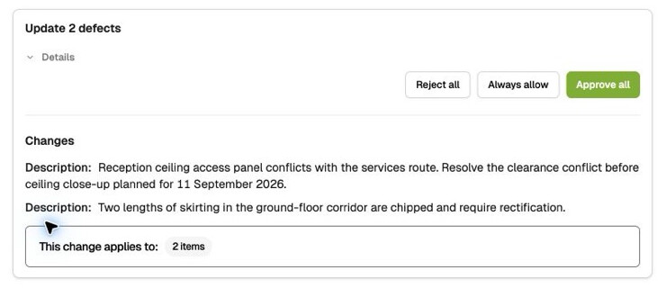 BuildPass Agent approval card showing two defect description edits waiting for approval