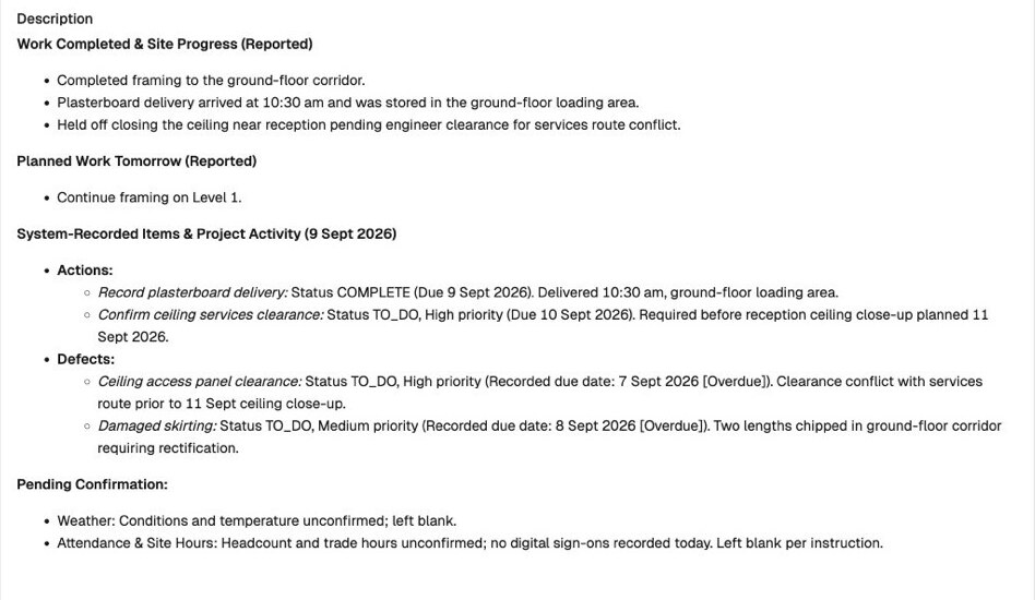 Site diary drafted by BuildPass Agent from the day's actions, defects and sign-ons
