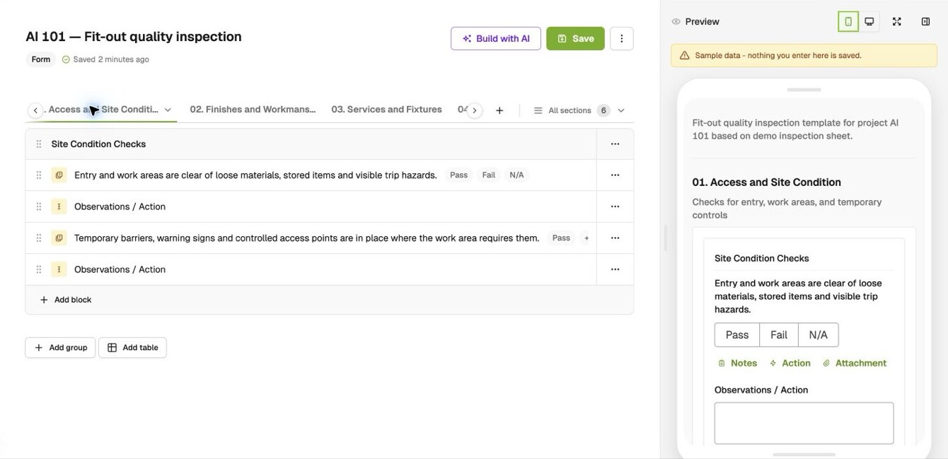 BuildPass template editor showing an inspection template built from a PDF, with a mobile preview