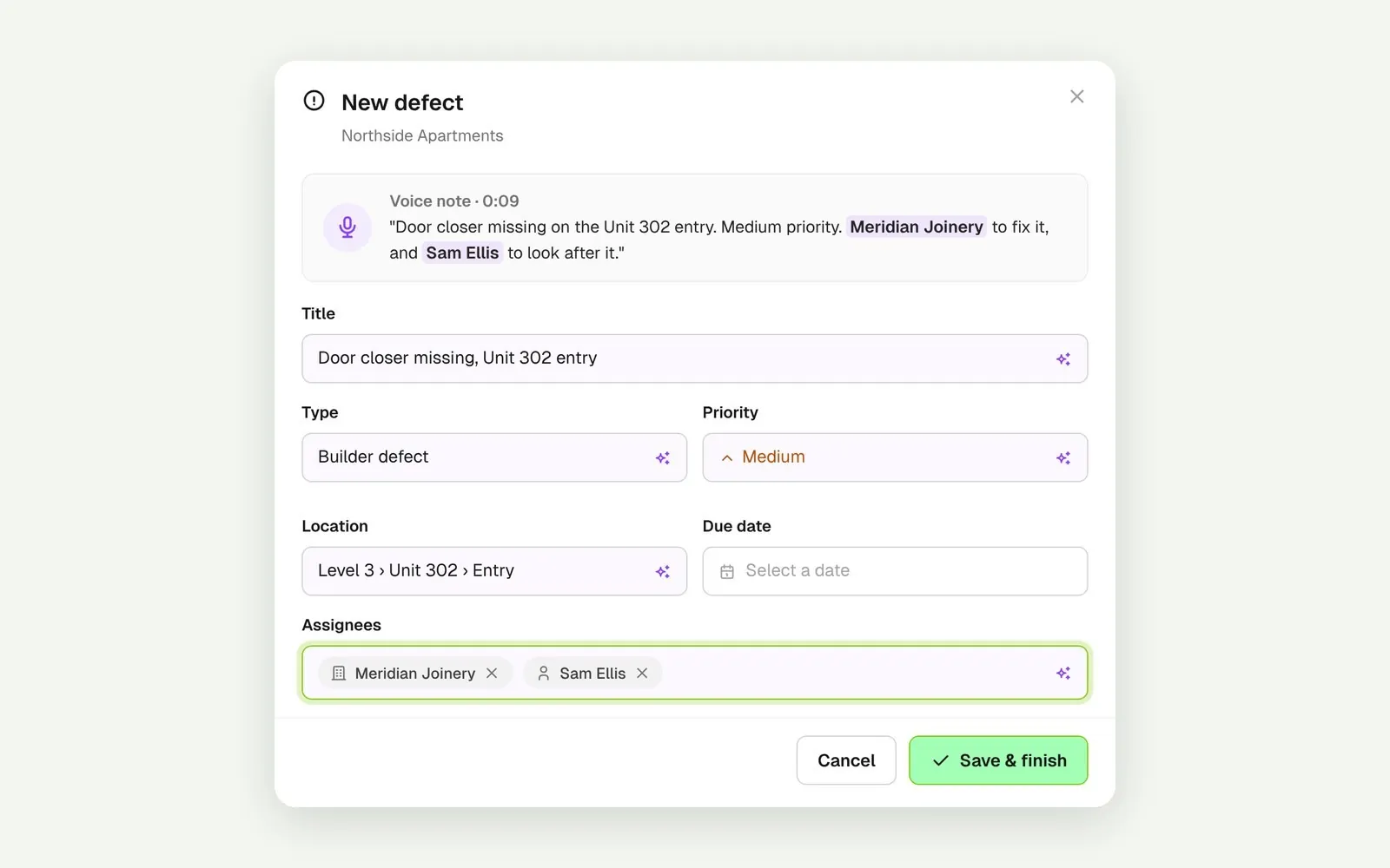 New defect form after a voice note naming Meridian Joinery and Sam Ellis, with both added as assignees and the due date left empty because it was not said