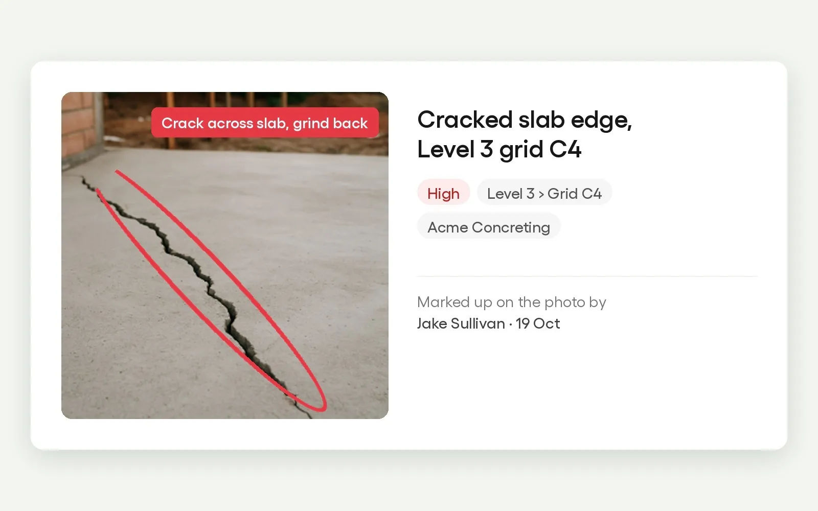 Photo markup editor with arrows, shapes and text on a cracked slab edge