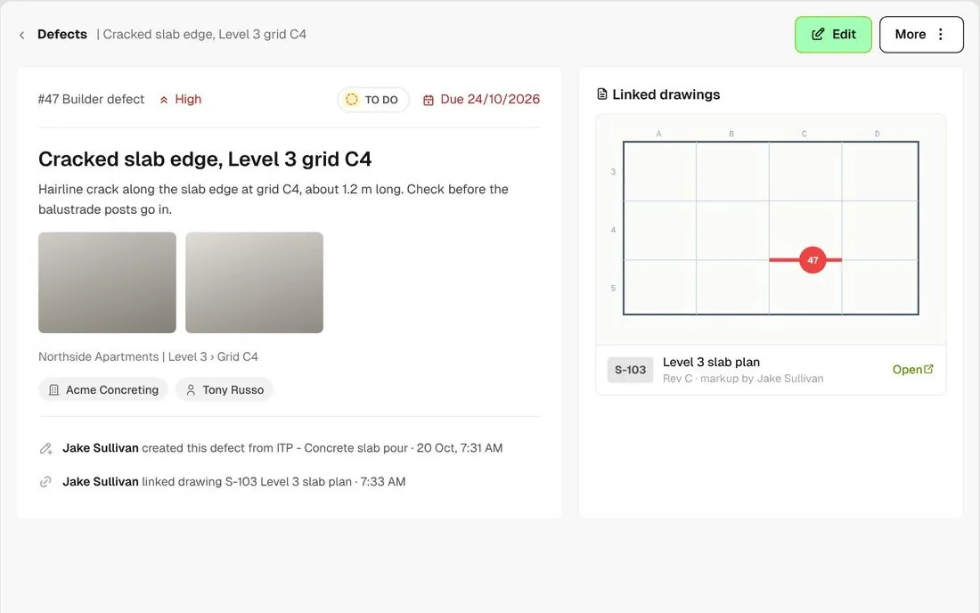 Defect detail with the Linked drawings section pointing to S-103 Level 3 slab plan