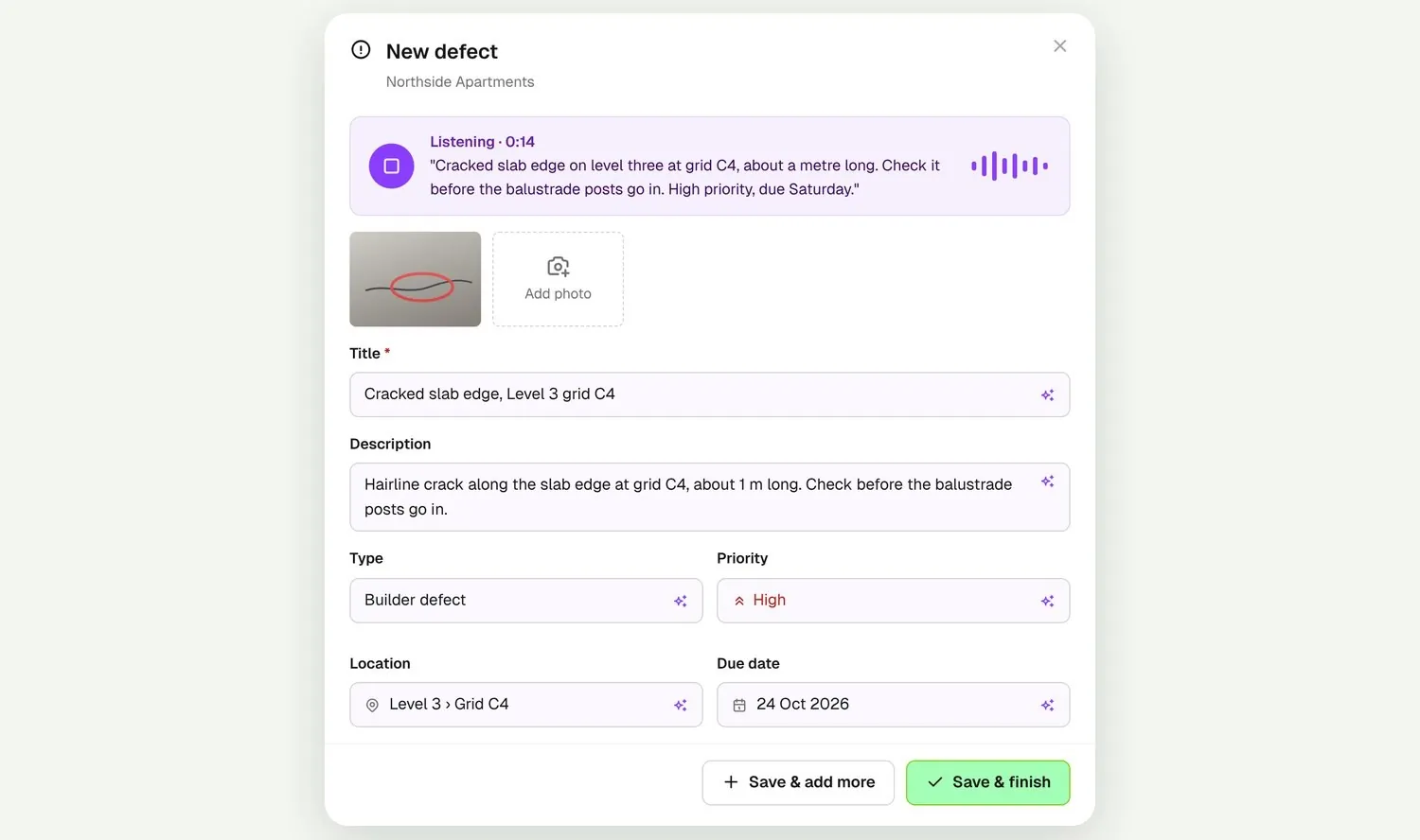 New defect form with Voice listening at 0:14, the spoken note transcribed, a marked-up site photo, and title, description, type, priority, location and due date filled in from the voice note