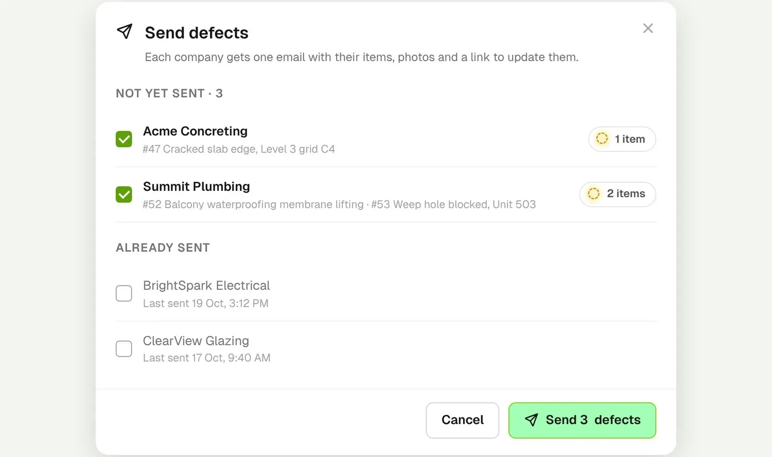 Send defects window listing unsent defects grouped by company with a Send button
