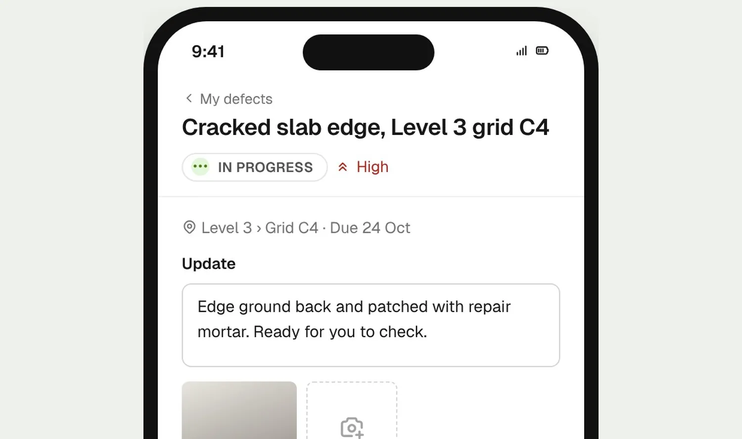 Subbie on a phone marking a defect ready for review with a photo and a note
