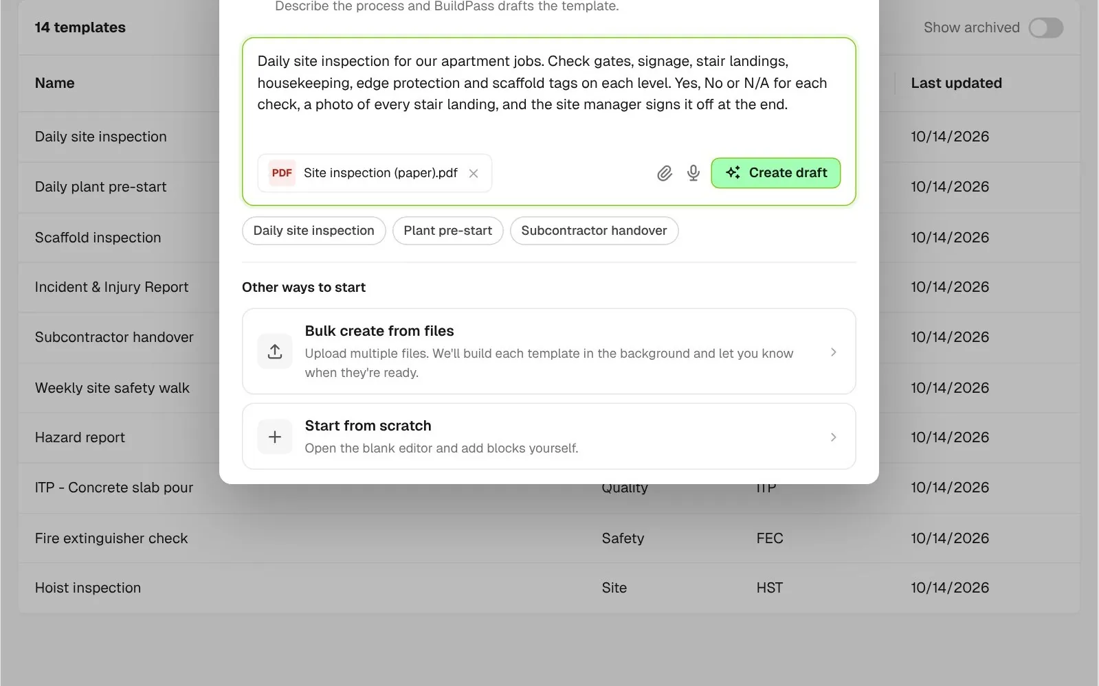 Create a form dialog with a typed description, an attached paper form and options to bulk create from files or start from scratch