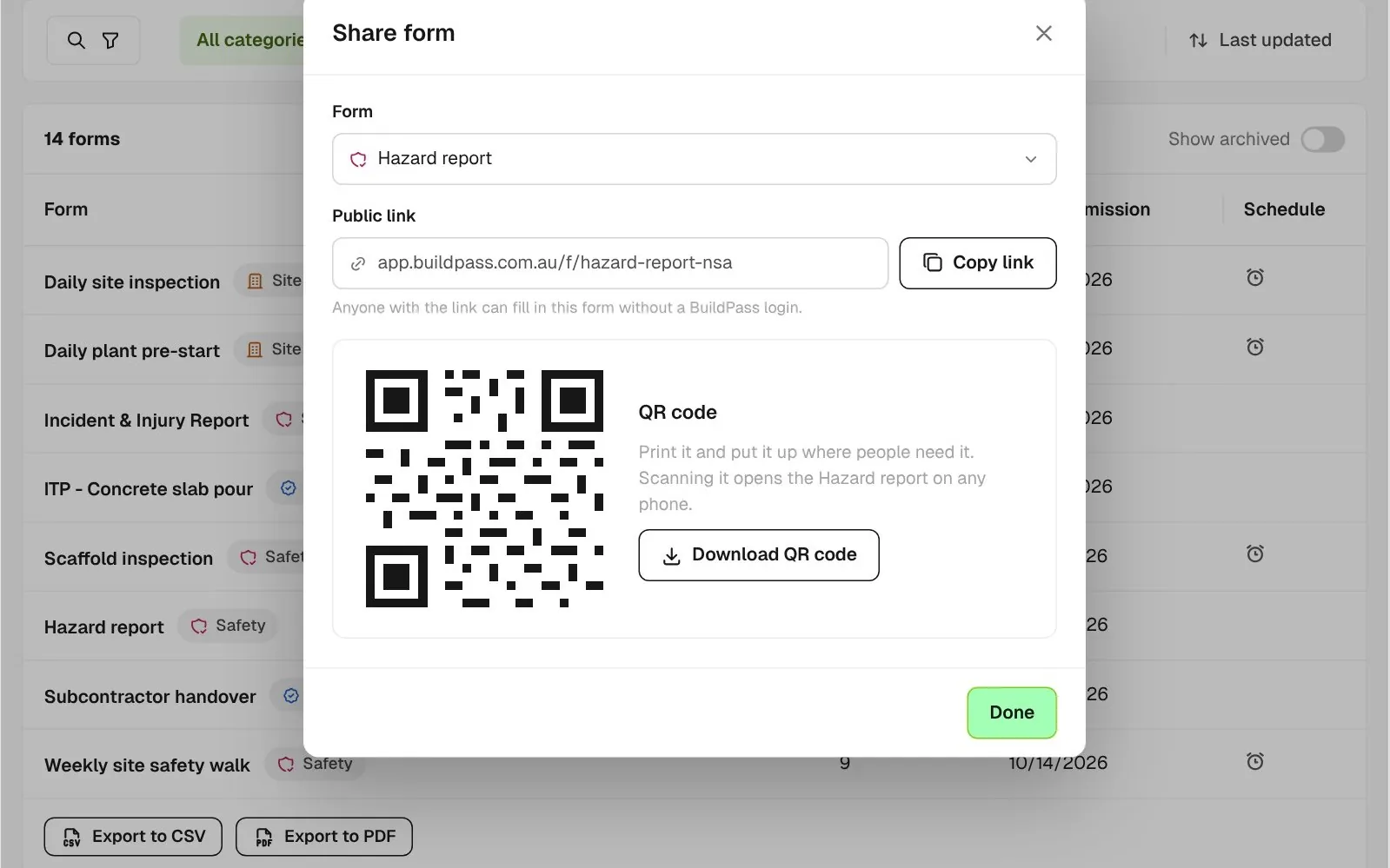 Share form dialog for a hazard report with a public link to copy and a QR code to download
