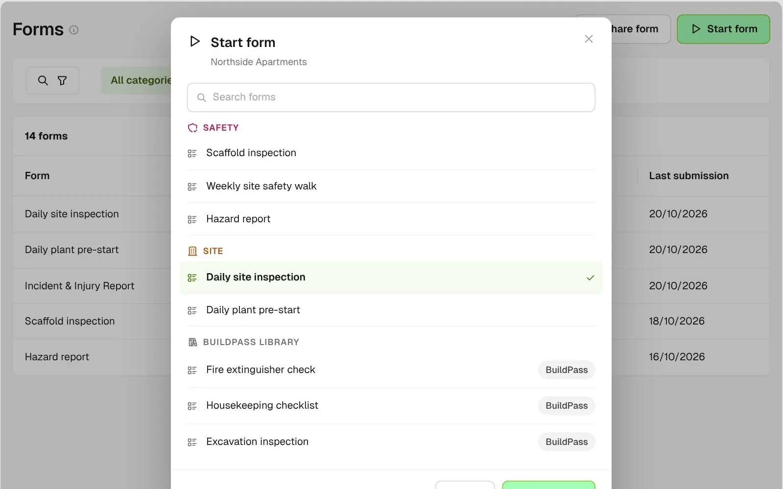Start form picker grouped by Safety and Site categories with BuildPass library templates