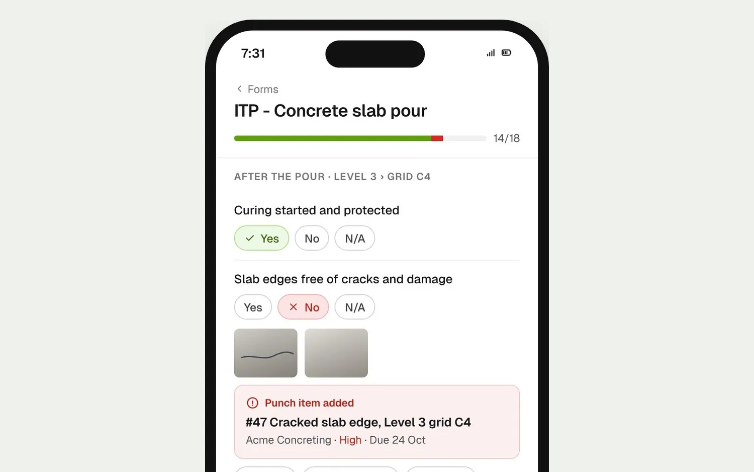 Phone completing the concrete slab pour ITP as a form, where a failed check has raised a defect