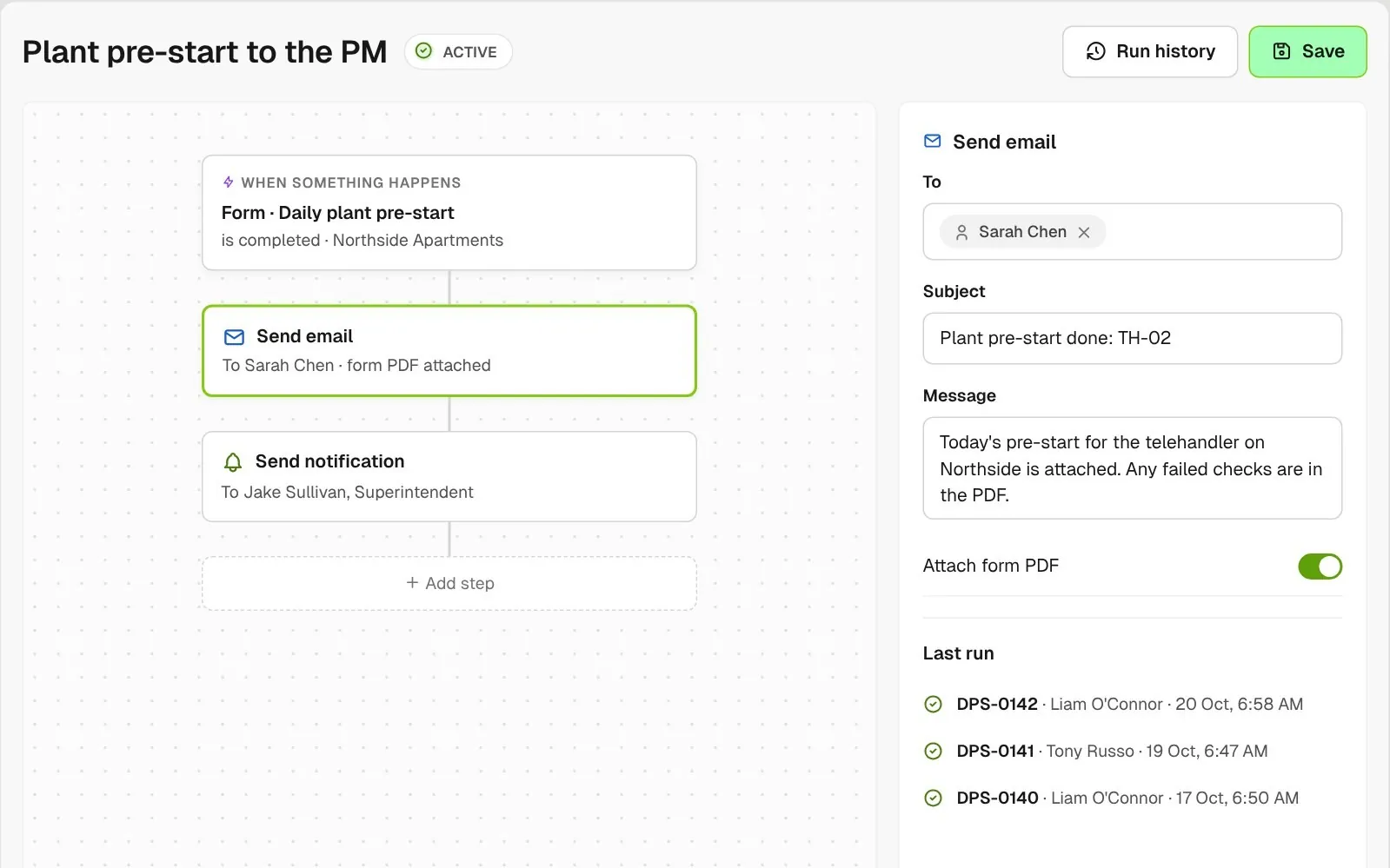 Workflow that emails the plant pre-start PDF to the project manager when the form is completed