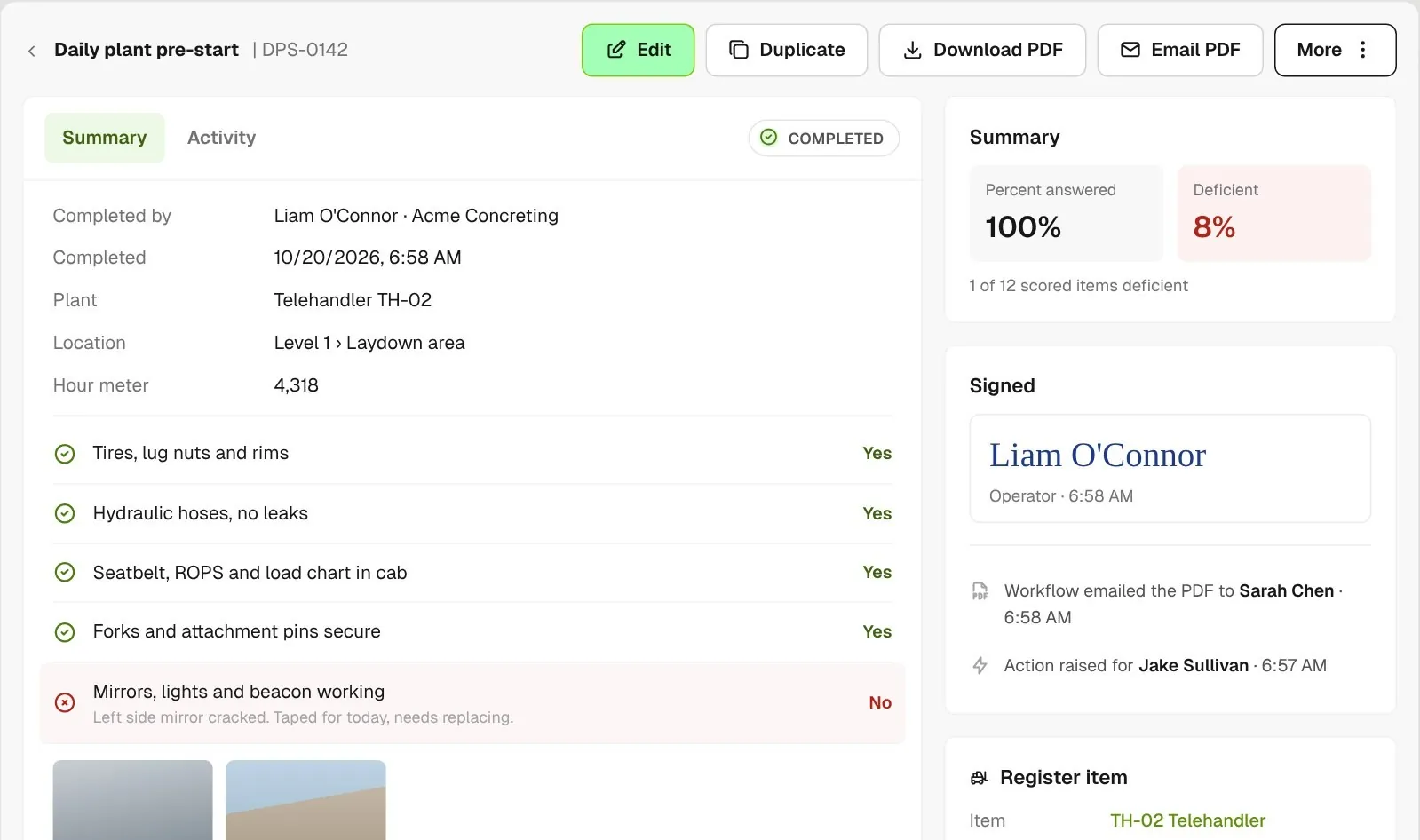 Completed plant pre-start with answers, photos, deficient score, signature and the action raised