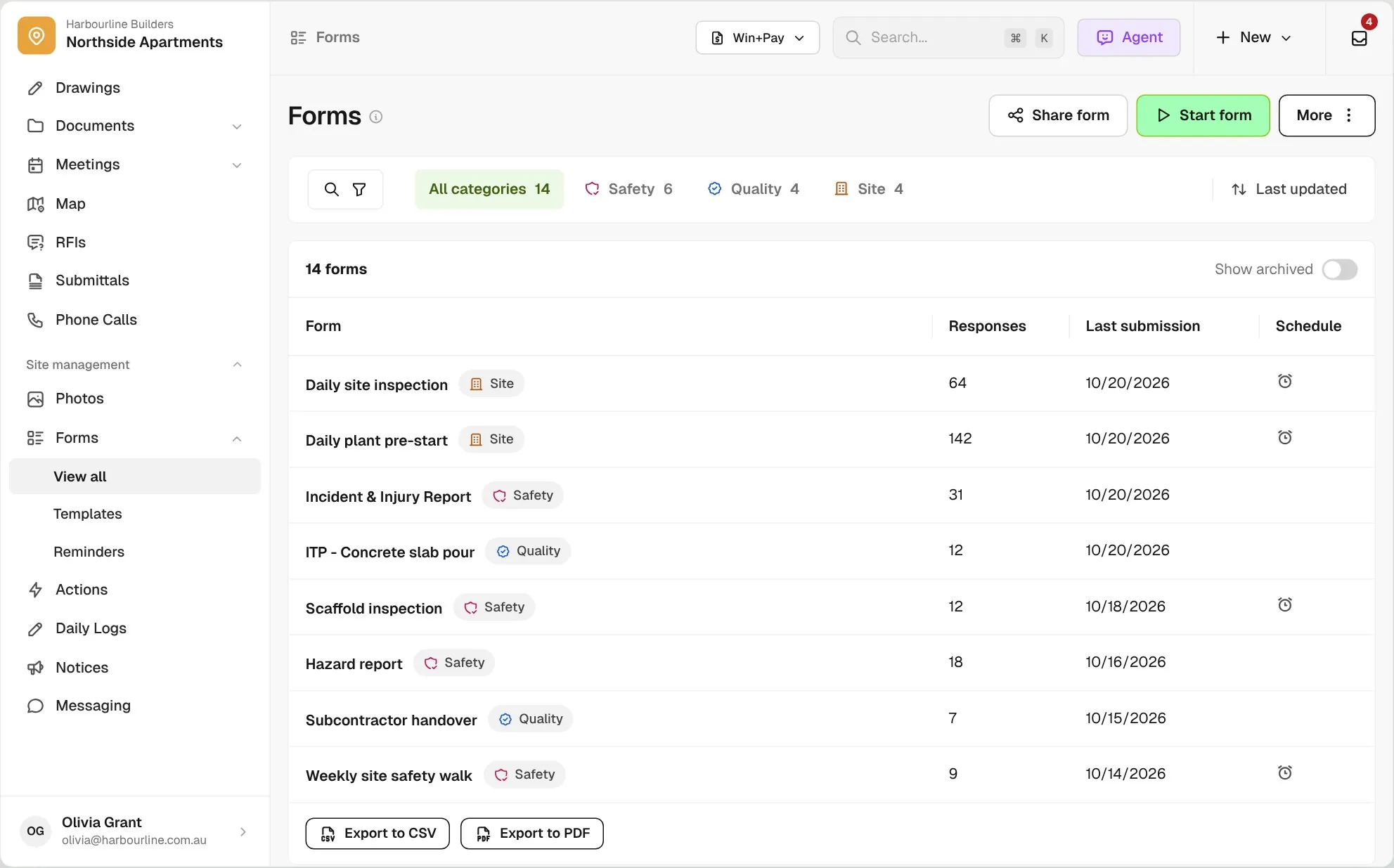Form responses list with status tabs, form IDs and progress for each completed form