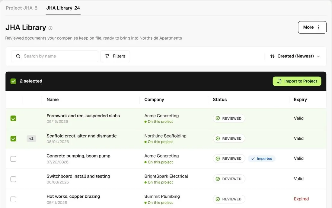 SWMS library with Import to project