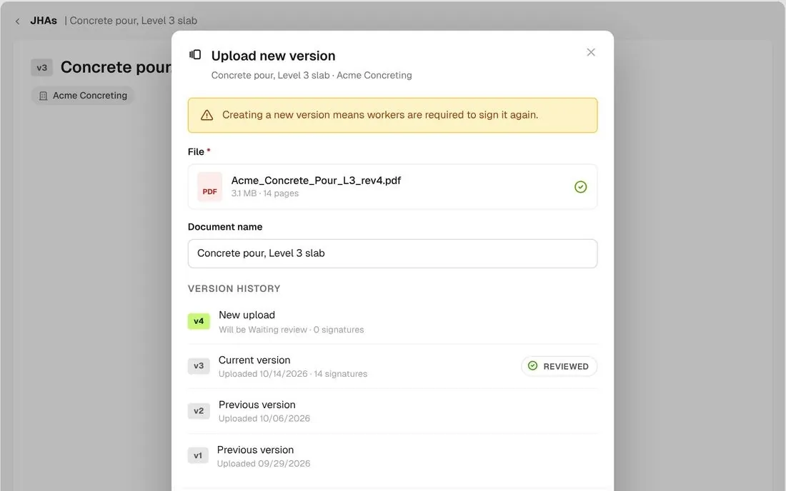 Upload new version warning that workers must sign again