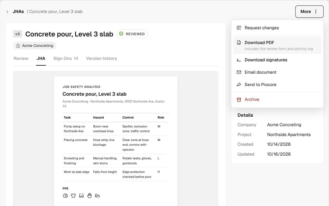 Action menu with download PDF, download signatures, email and send to Procore