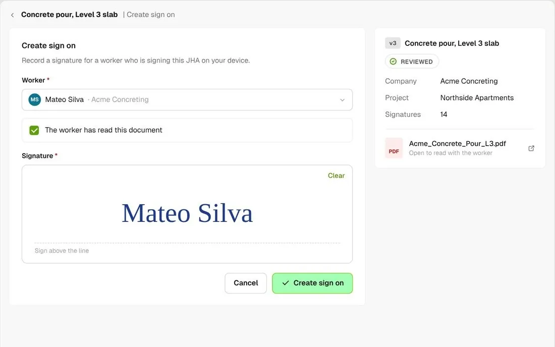 Create sign-on form with worker, read confirmation and signature