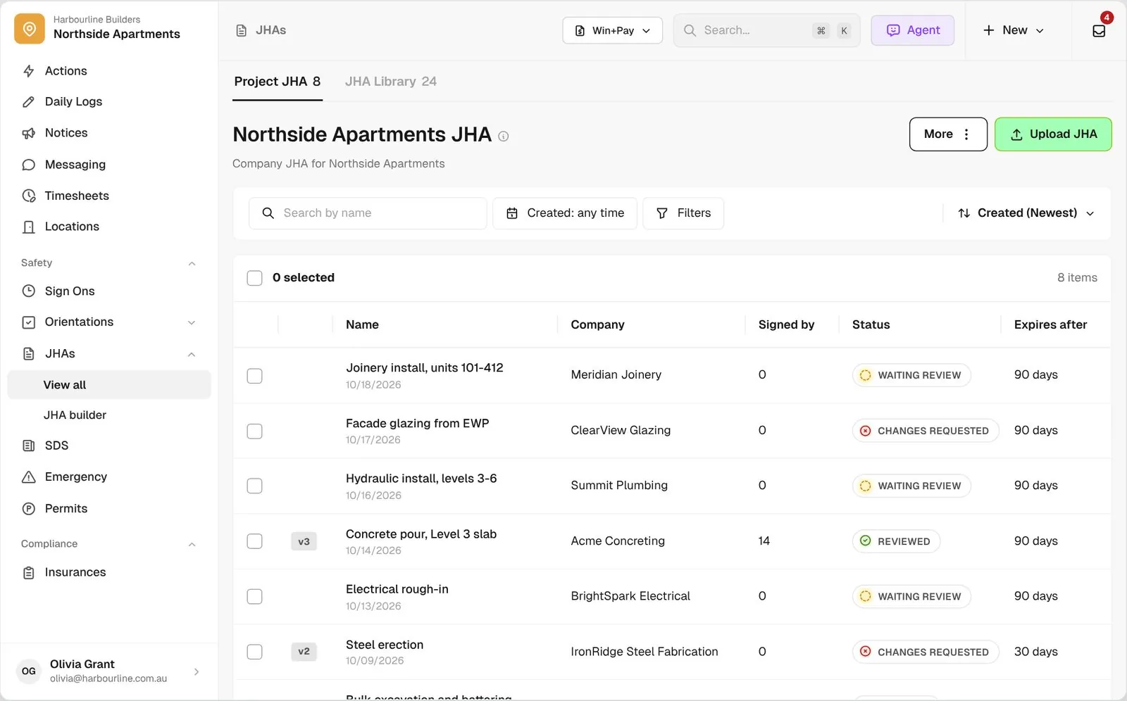 SWMS list for Northside Apartments showing review status for each company