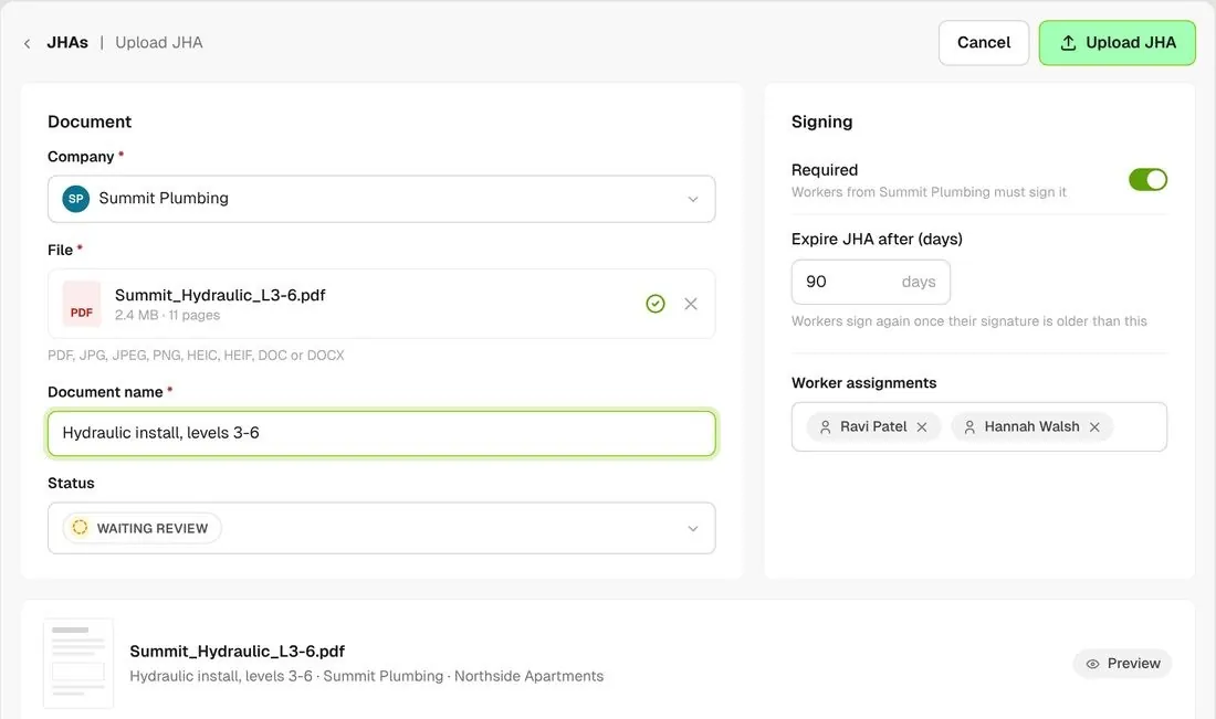 Upload form with company, file, review status and signing settings