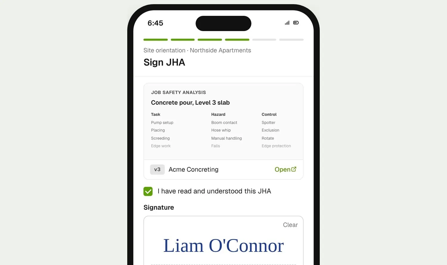 Worker signing a SWMS on their phone during induction