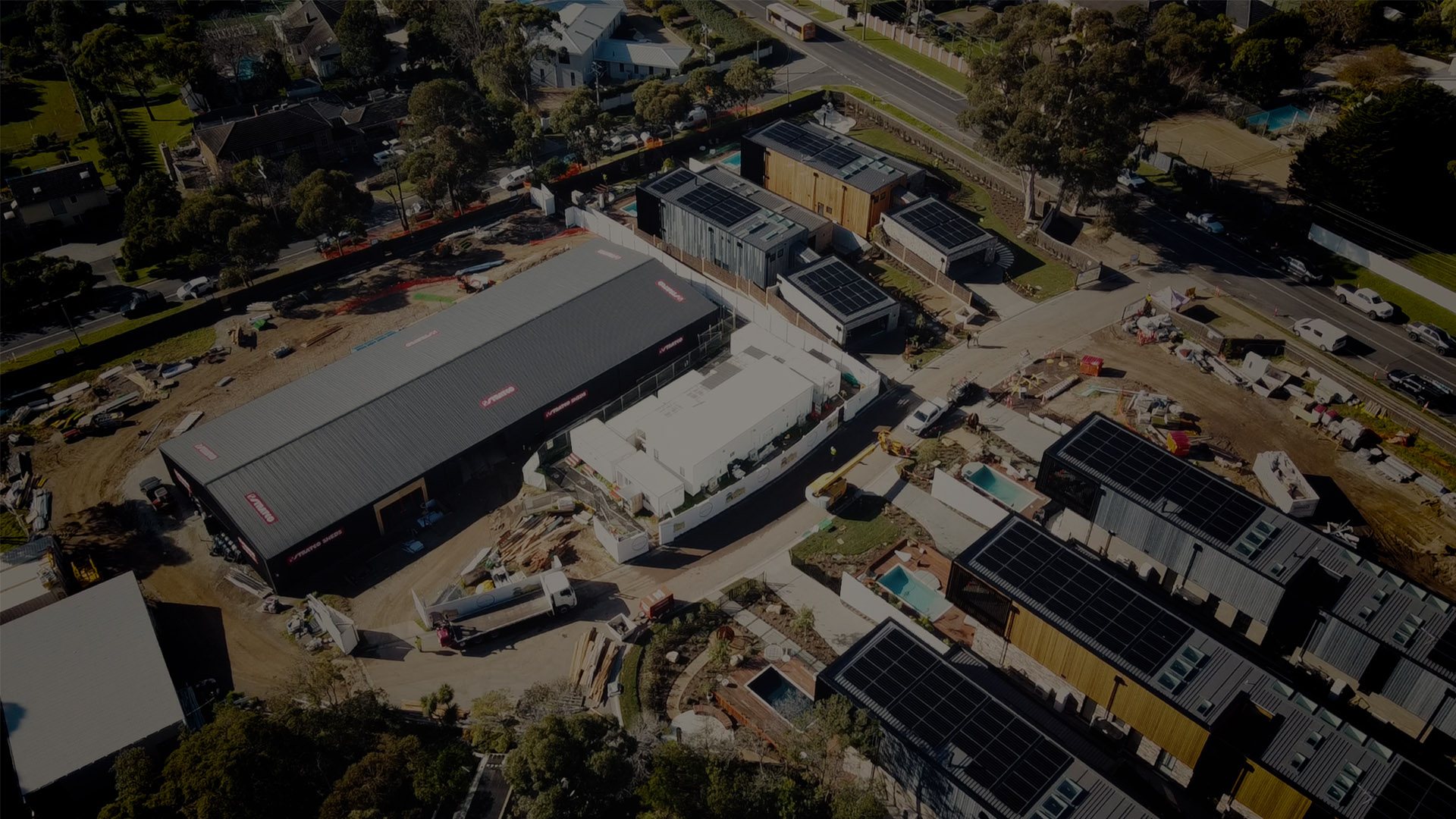 Aerial view of the Nine In Six site compound and houses on The Block