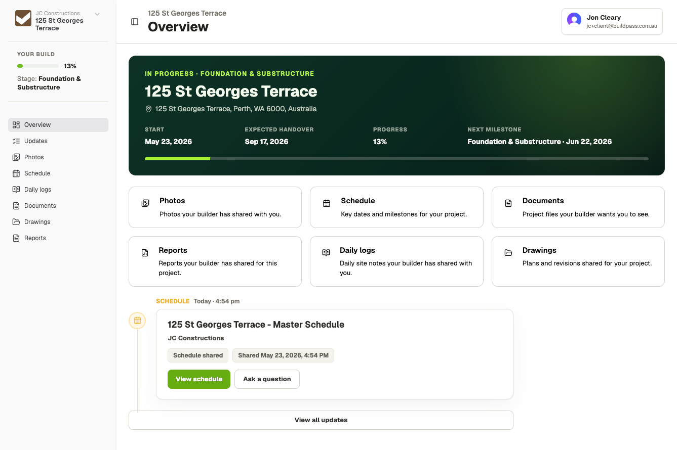 Client Portal project overview, with milestone progress, schedule and shared resources