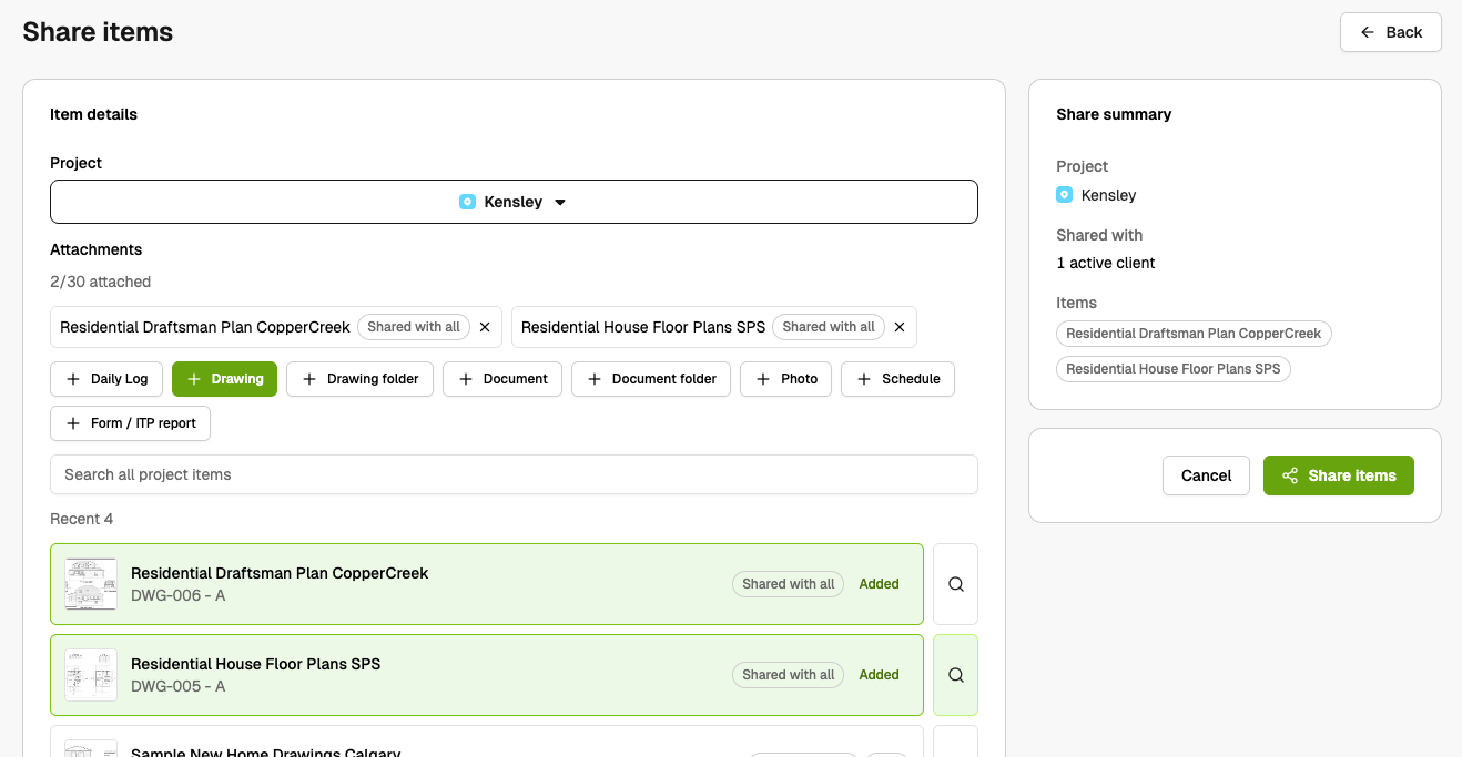 Admin Share items page with a project selected and drawings attached