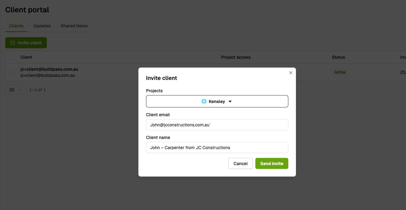 Invite client modal with project, email, and name