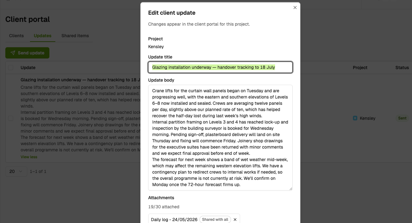 Edit client update with title, body, and a daily log attachment