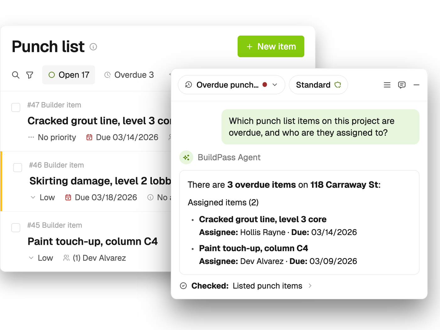 BuildPass Agent answering which defects are overdue on a project, over the defects list