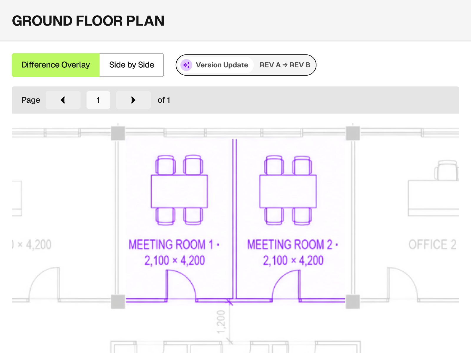 Comparing two drawing revisions with the changes highlighted