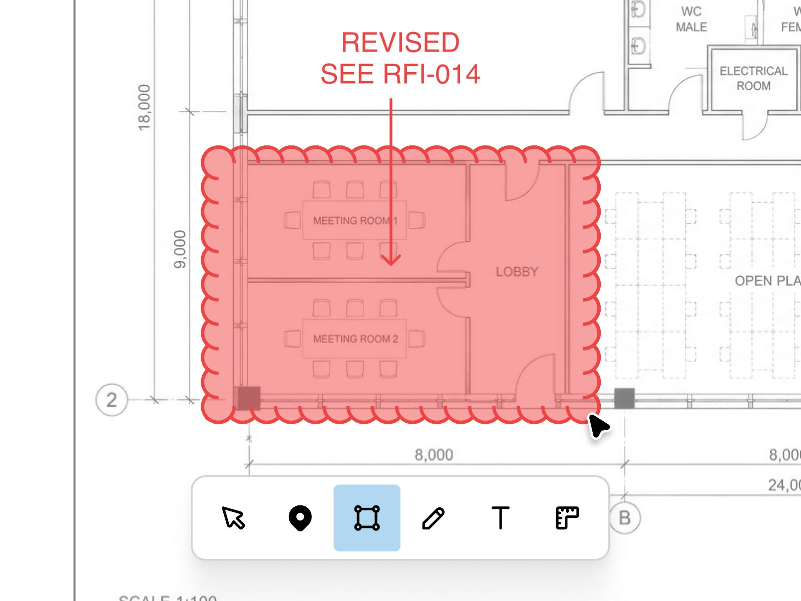 Drawing a revision cloud and an RFI callout on a floor plan