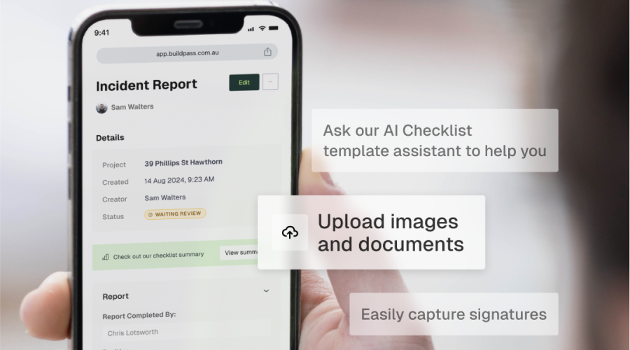 Digital construction checklist that highlights key features such as uploading images and signature capture.