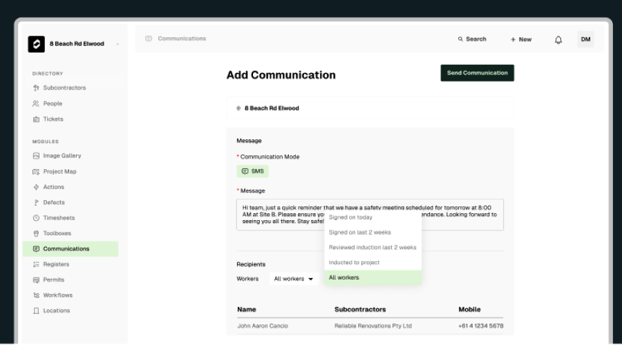 Communication tool for construction software
