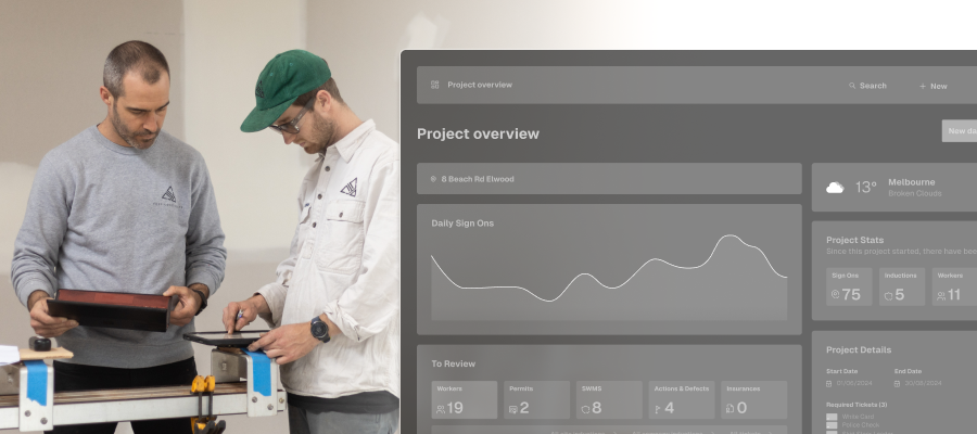 Construction Software Project Management feature page on ipad with construction workers in background