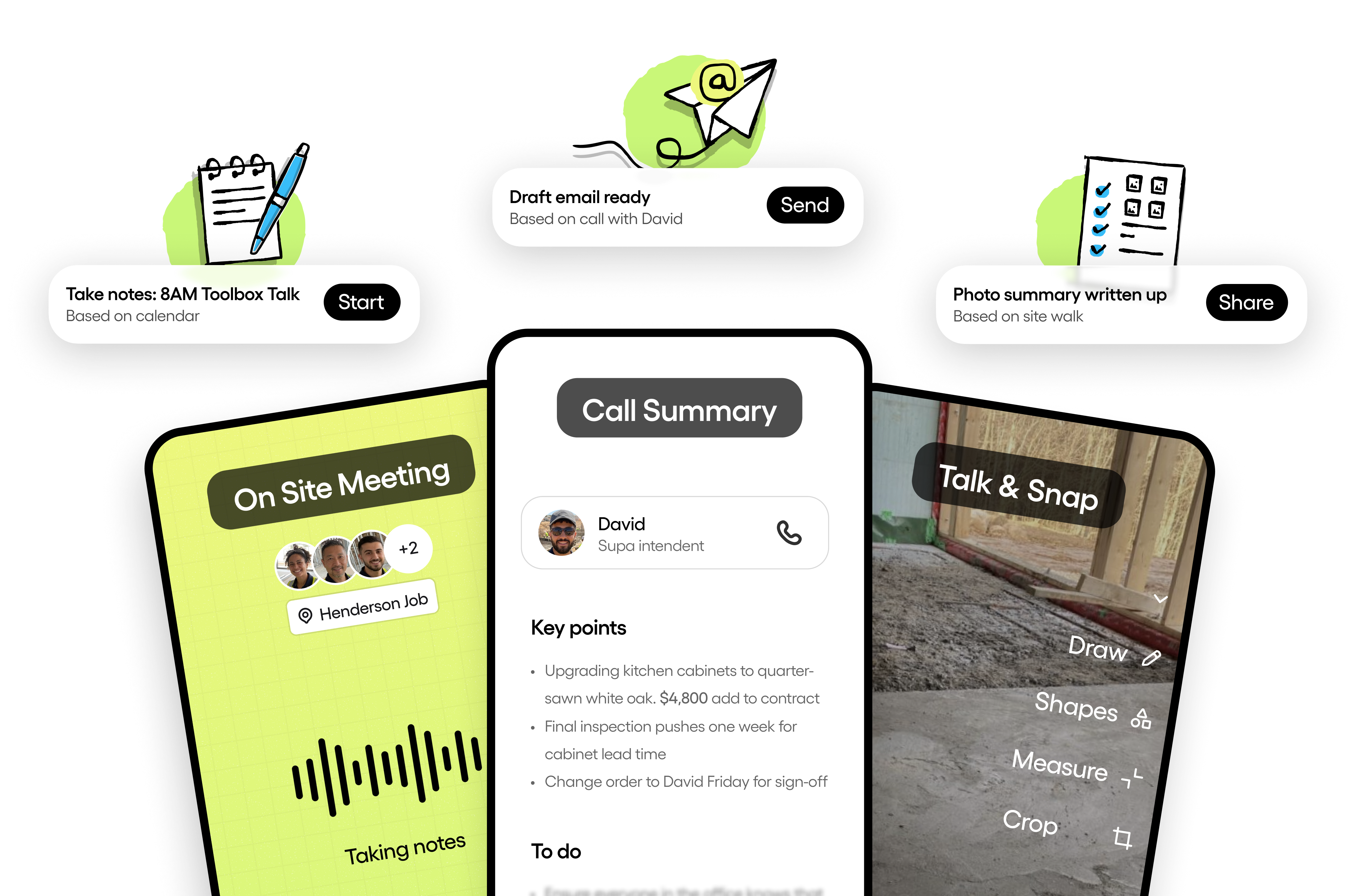 Supasite capturing a call summary, an on-site meeting and a photo walkthrough, ready to sync into BuildPass